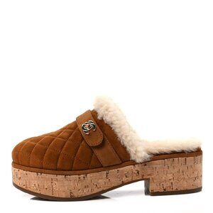 Chanel 21B Brown Suede Turnlock CC Logo Shearling Fur Mule Flat Clog Loafer 39